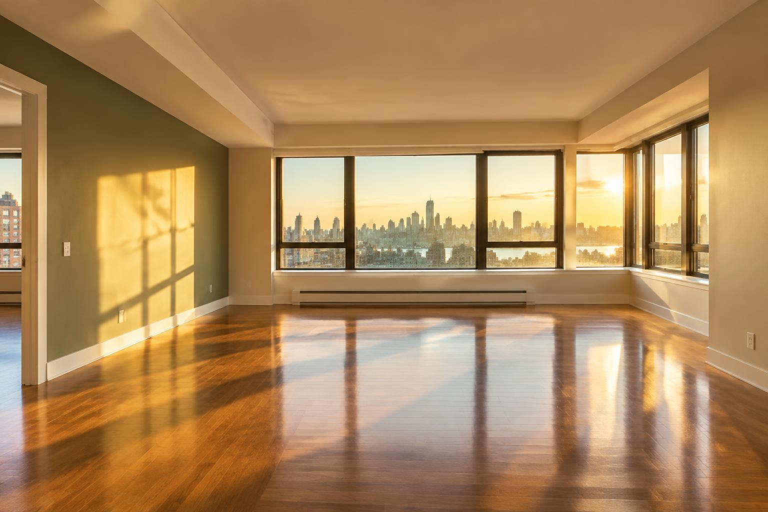 An empty, move-in ready apartment gleaming in golden light